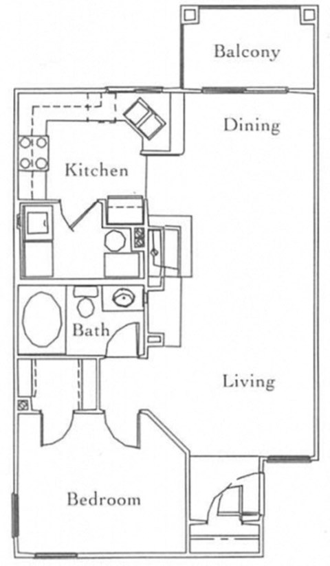 Floor plan for 1 bed, 1 bath, 719 sqft